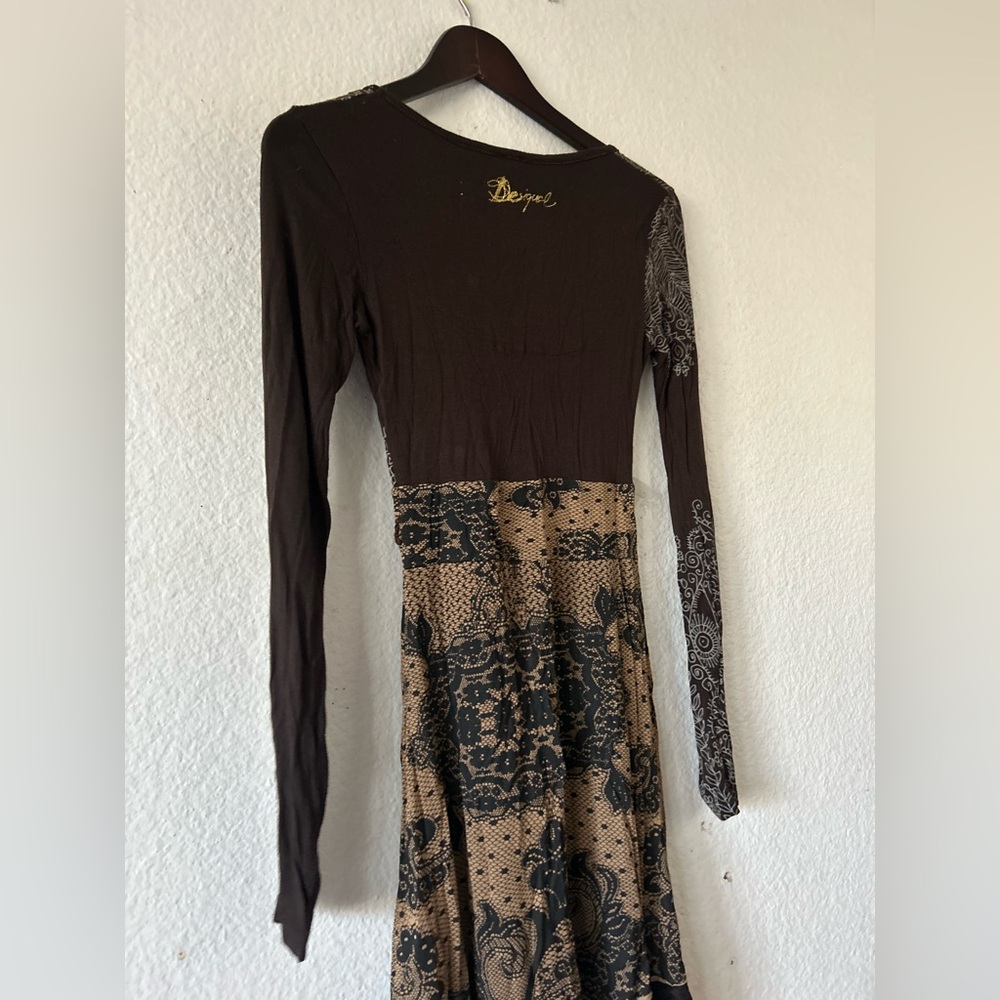 DESIGUAL Ladies Long Sleeve Scoop Neck A-line Brown TISDALE Dress XS Artsy Boho - Picture 13 of 16